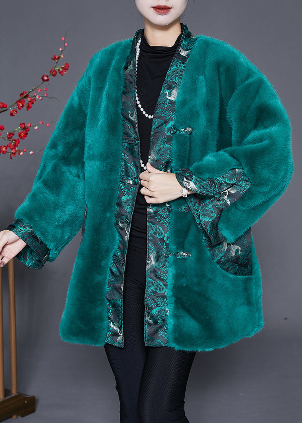 Beautiful Peacock Green Oversized Patchwork Faux Fur Coats Winter