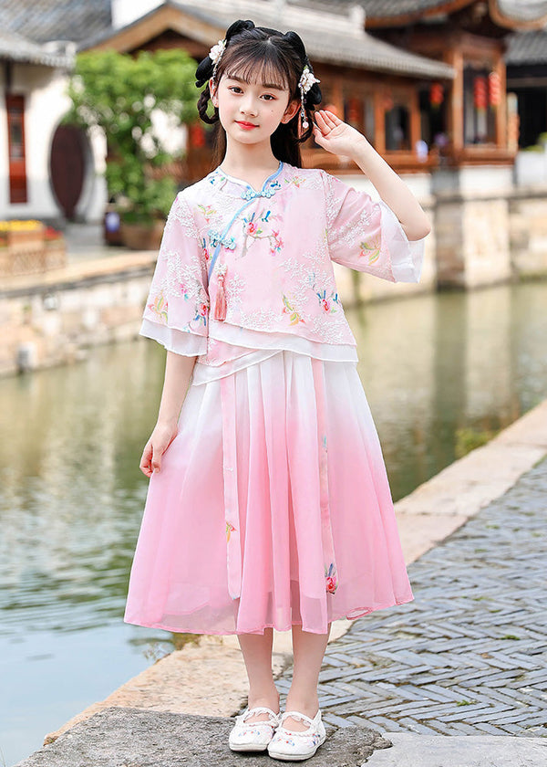 Beautiful Pink Embroidered Patchwork Button Chiffon Kids Long Dresses Half Sleeve