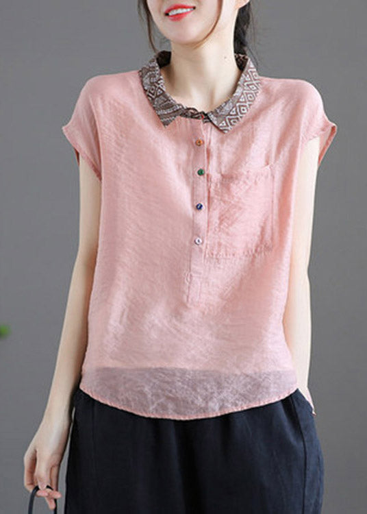 Beautiful Pink Peter Pan Collar Patchwork Button Linen Short Sleeve