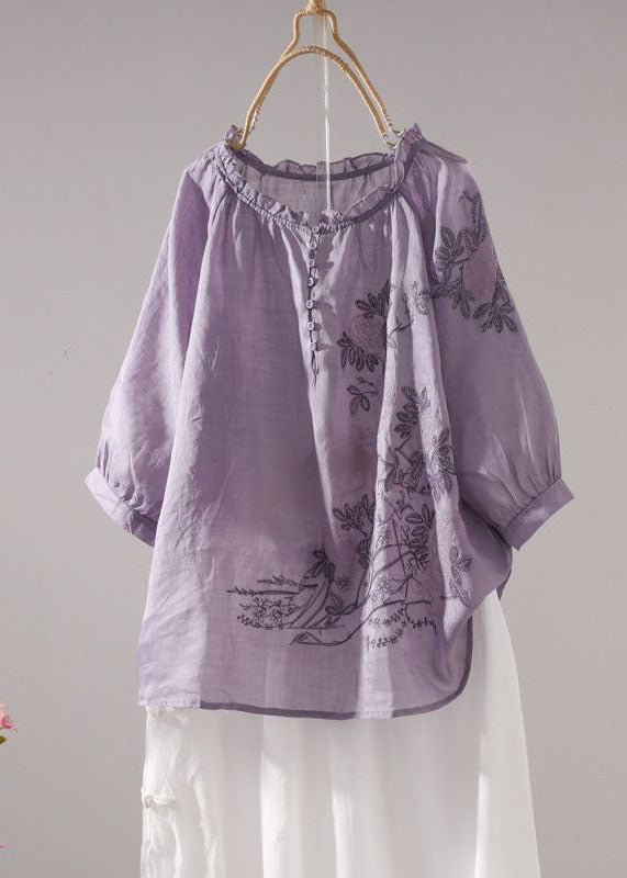 Beautiful Purple Embroidered Patchwork Linen T Shirt Top Summer