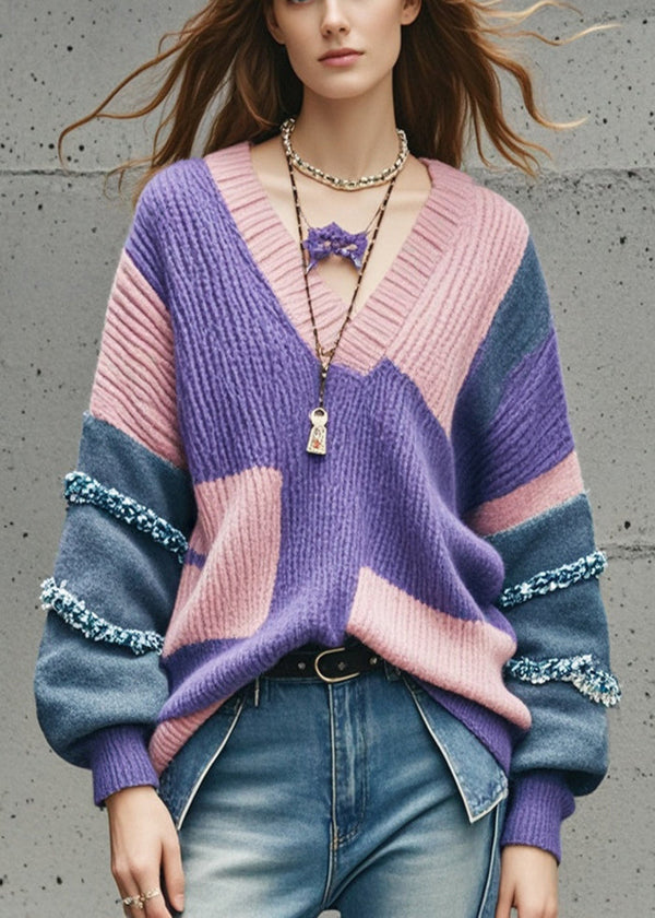 Beautiful Purple V Neck Patchwork Thcik Sweaters Fall