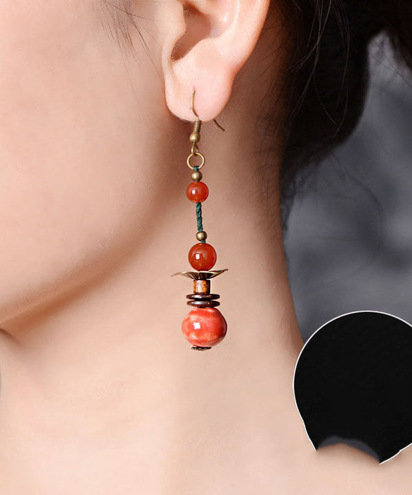 Beautiful Red Ceramics Original Design Copper Drop Earrings