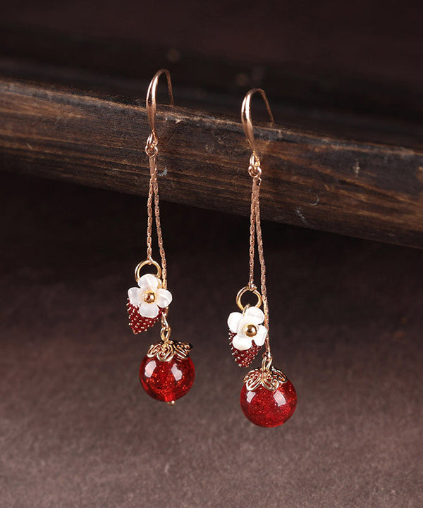 Beautiful Red Copper Cloisonne Cloured Glaze Strawberry Shell Flower Drop Earrings