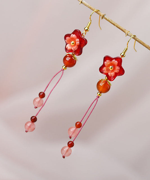 Beautiful Red Flower Crystal Wedding Drop Earrings