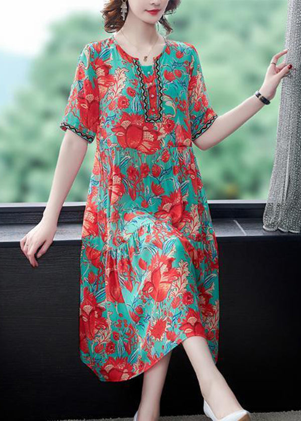 Beautiful Red O-Neck Print Silk Party Dress Summer