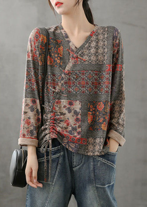 Beautiful Red V Neck Print Drawstring Cotton Shirt Long Sleeve