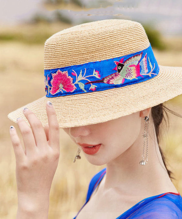 Beautiful Rose Embroidered Straw Woven Beach Floppy Sun Hat