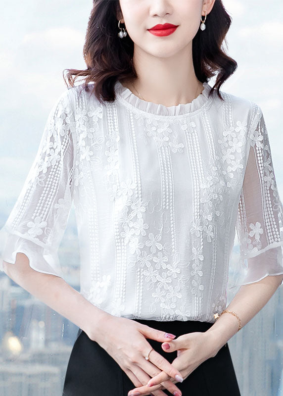 Beautiful White Ruffled Embroidered Patchwork Chiffon Blouse Tops Summer