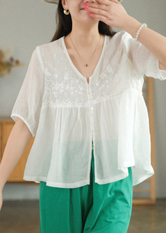 Beautiful White V Neck Embroidered Patchwork Button Linen Shirt Half Sleeve