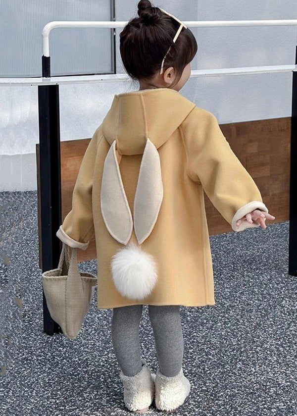 Beautiful Yellow Hooded Pockets Patchwork Woolen Girls Coat Spring