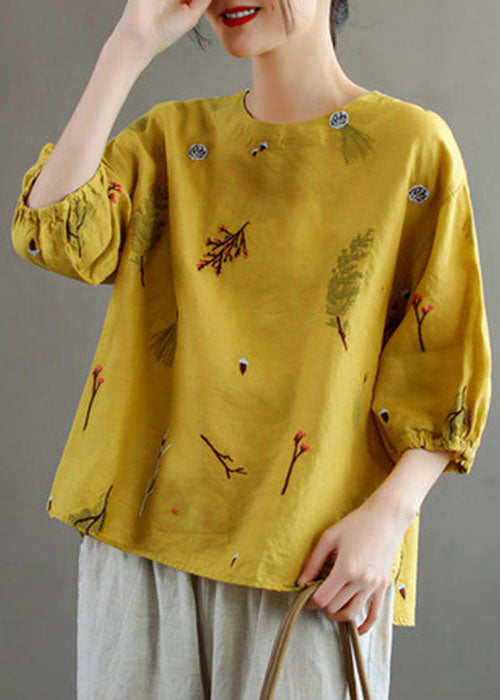 Beautiful Yellow O-Neck Embroidered Linen Tank Top Lantern Sleeve