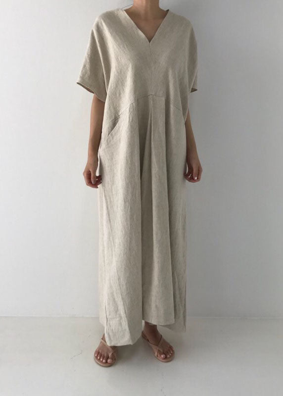 Beige Cozy Linen Holiday Dresses V Neck Pockets Summer