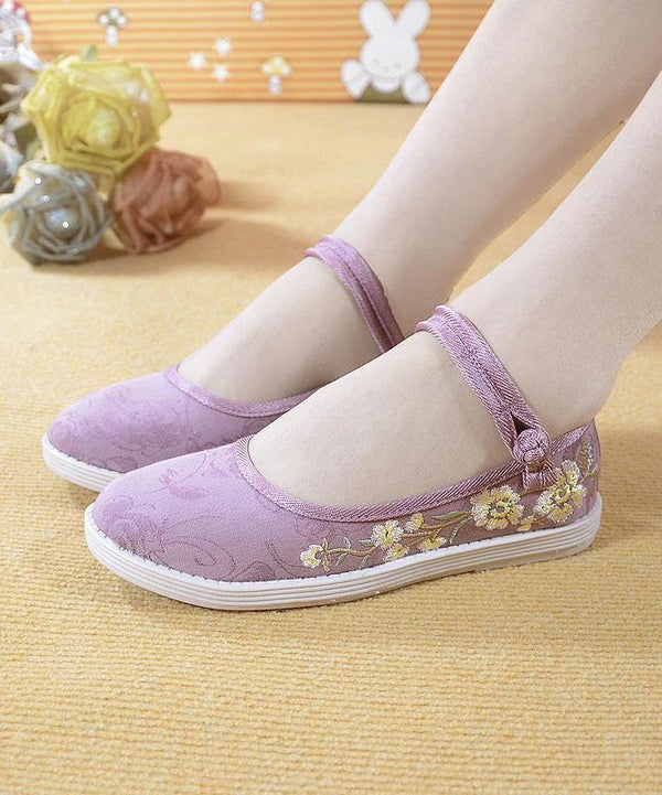 Beige Embroidered Cotton Fabric Flat Shoes Buckle Strap Flat Shoes