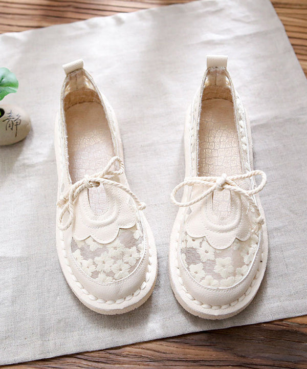 Beige Flat Feet Shoes Splicing Lace Up Hollow Out Embroidery