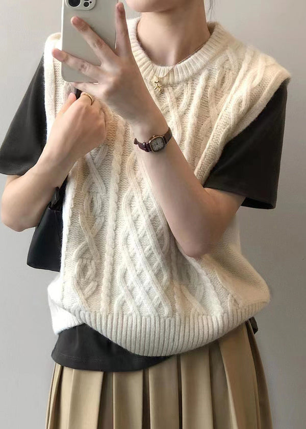 Beige Patchwork Loose Knit Waistcoat Top O Neck Fall