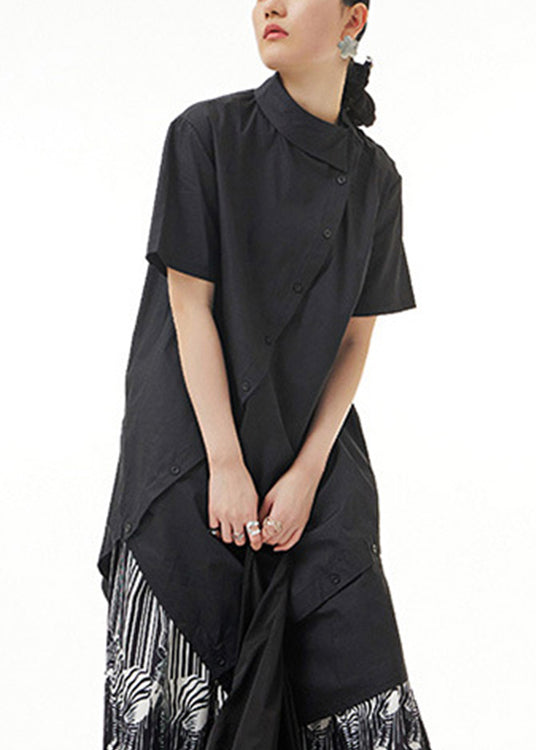 Black Asymmetrical Button Solid Cotton Maxi Shirts Short Sleeve