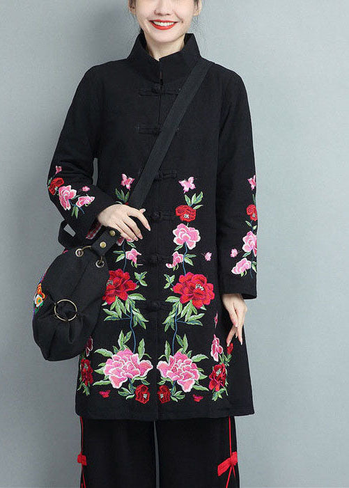 Black Cotton Coats Embroidered Oriental Button Fall