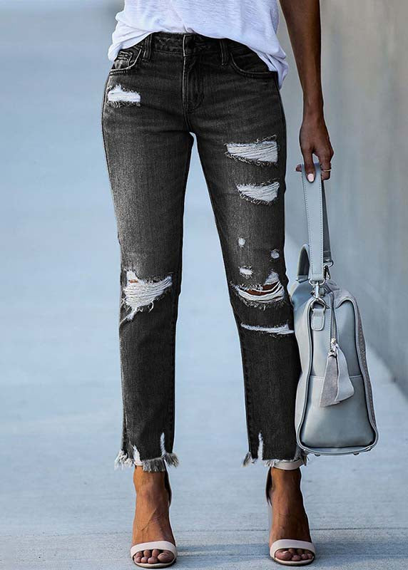 Black Denim Ripped Pants High Waist Summer