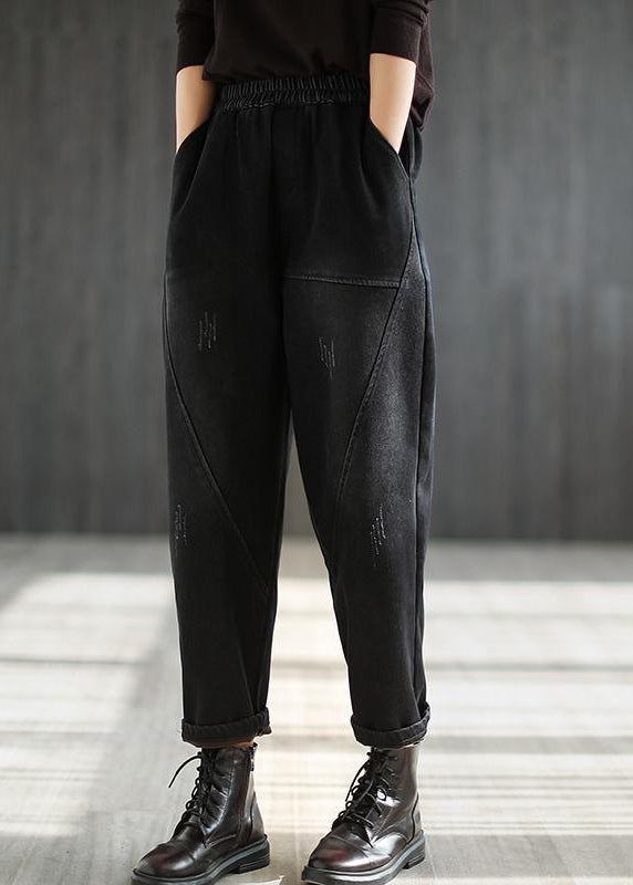 Black Elastic Waist Thick Warm Fleece Pockets  Denim Harem Pants Winter