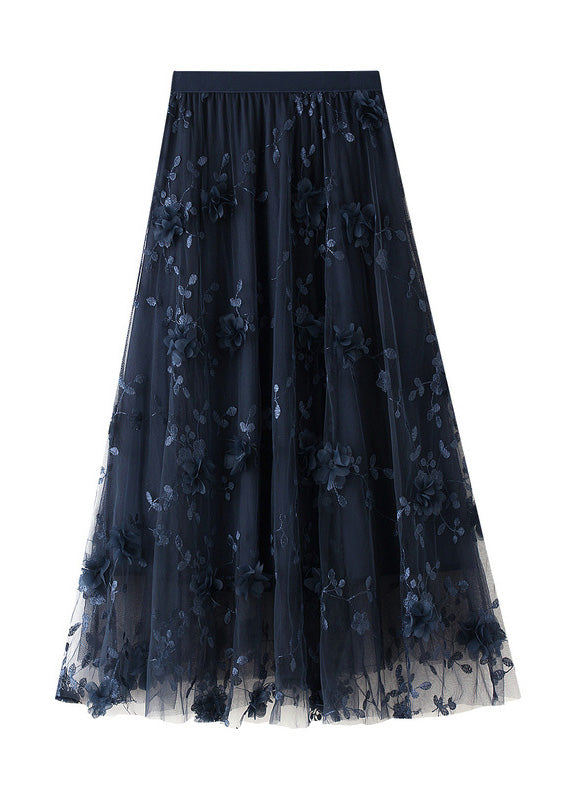 Black Embroidered Floral Elastic Waist Tulle A Line Skirts Spring