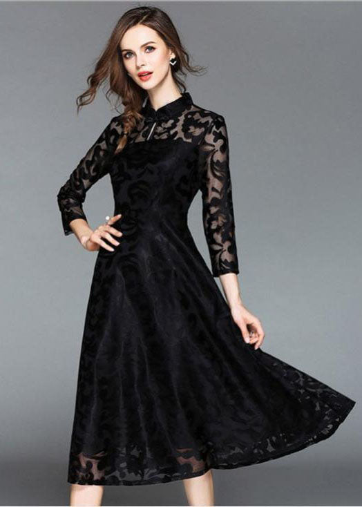 Black Embroidered Lace Vintage Dress Stand Collar Fall