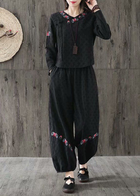 Black Jacquard Cotton Two Piece Set Women Clothing Embroidered Oriental Button Spring