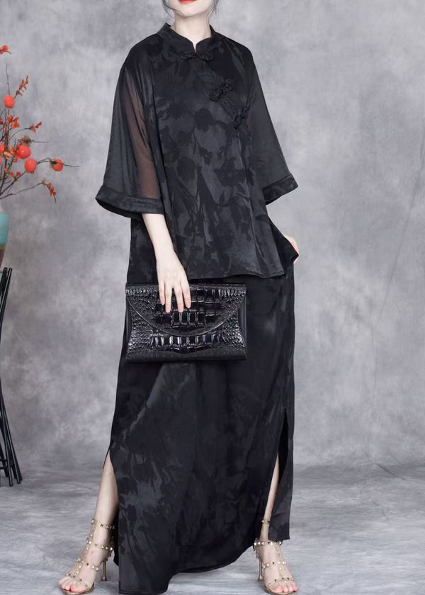 Black Jacquard Side Open Silk Two Piece Suit Set Stand Collar Half Sleeve