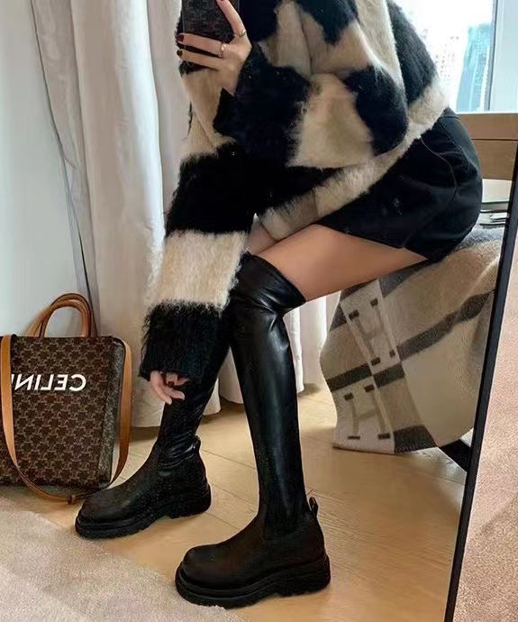 Black Knee Boots Platform Cowhide Leather Art Splicing Zippered