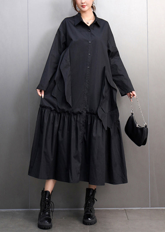 Black Maxi Shirts Dress Ruffled Patchwork Spring