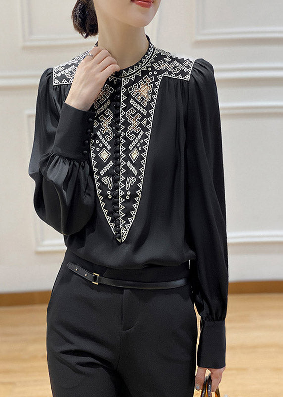 Black O-Neck Hollow Out Button Silk Shirt Long Sleeve