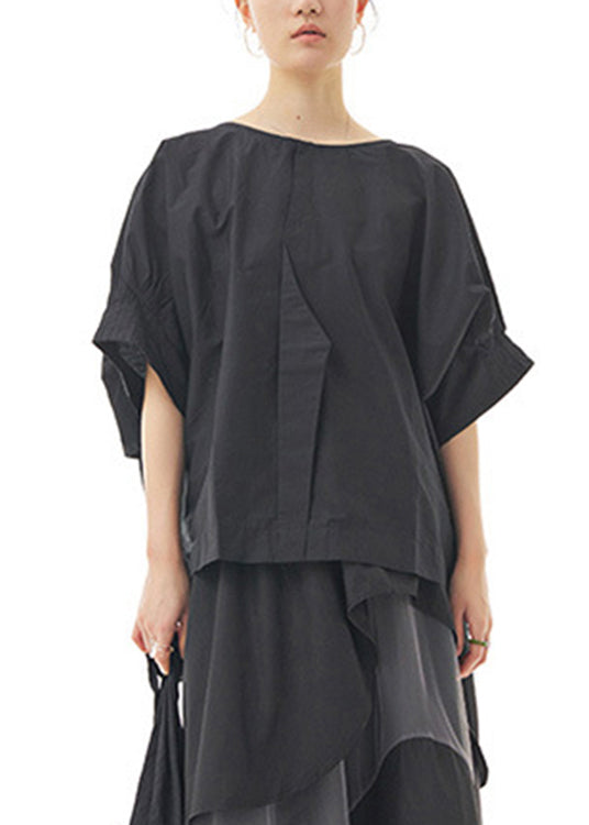 Black O-Neck Solid Cotton Top Lantern Sleeve