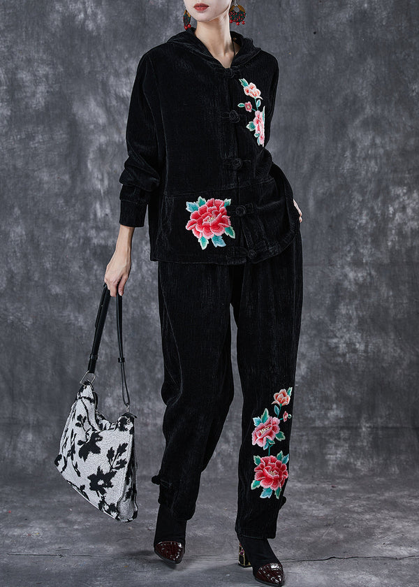 Black Oriental Corduroy Two-Piece Set Embroidered Hooded Spring