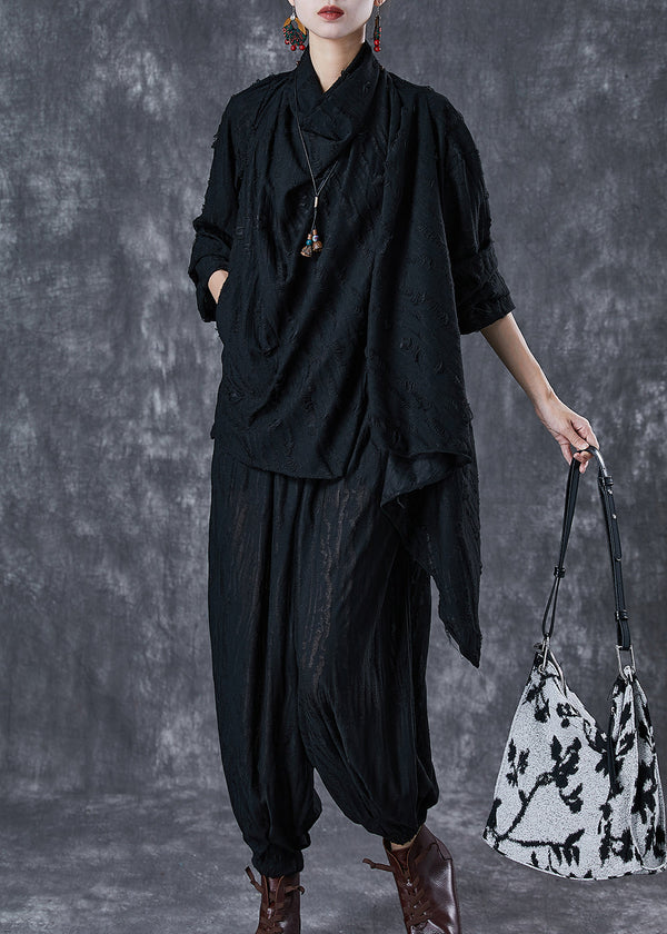 Black Oversized Cotton Two Piece Suit Set Asymmetrical Fall