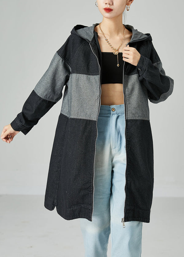 Black Patchwork Cotton Denim Trench Coat Hooded Oversized Spring