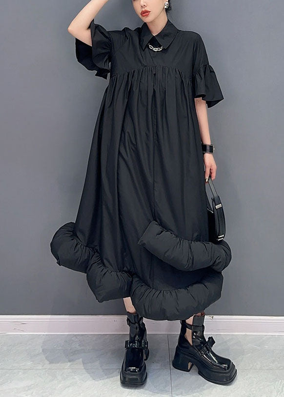 Black Patchwork Cotton Long Dresses Peter Pan Collar Wrinkled Summer