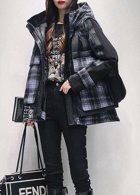 Black Patchwork Duck Down Jackets Hooded False Two Pieces Winter