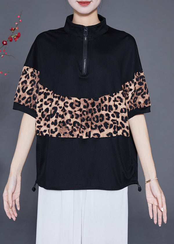 Black Patchwork Leopard Cotton Sweatshirts Top Drawstring Summer