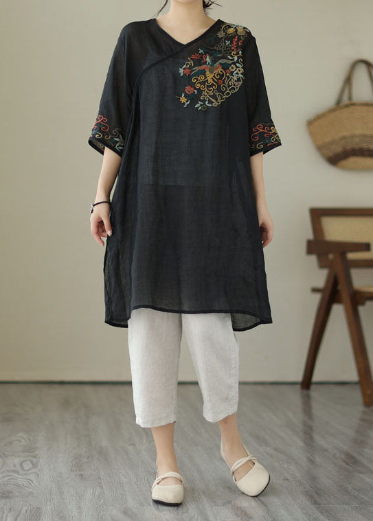 Black Patchwork Linen Mid Dress Embroidered V Neck Summer