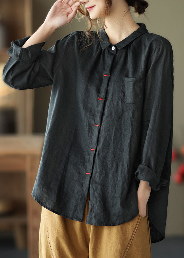 Black Patchwork Linen Shirt Peter Pan Collar Embroidered Spring