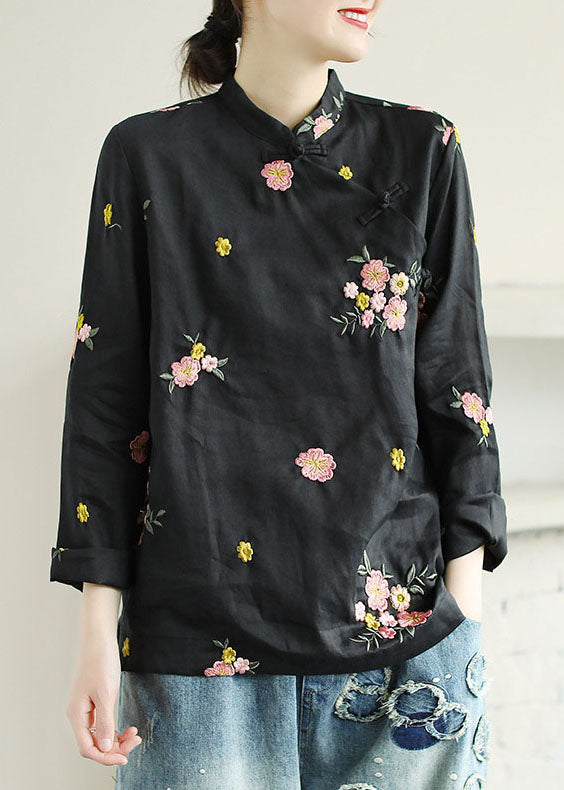 Black Patchwork Linen Shirt Top Embroidered Chinese Button Spring