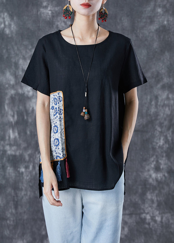 Black Patchwork Linen Tank Tops Oversized Tassel Summer