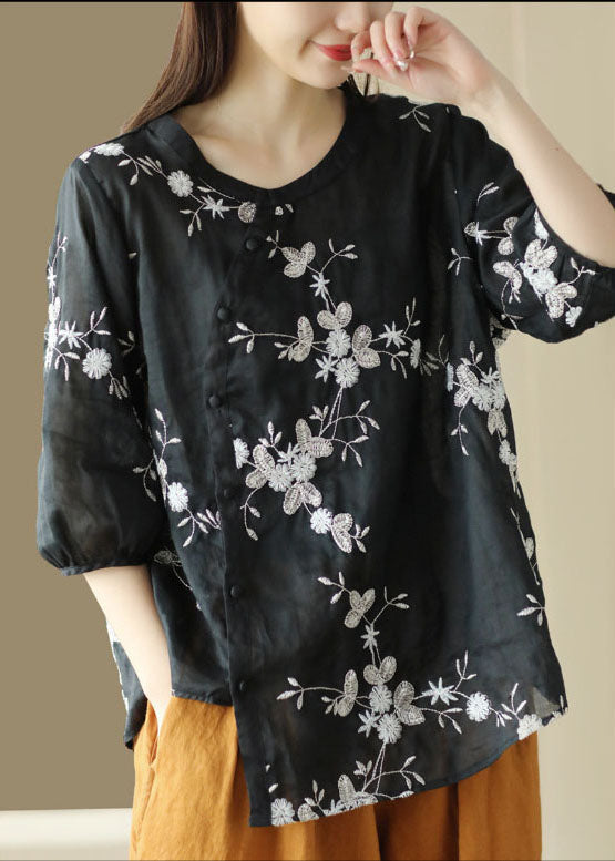 Black Patchwork Linen Top O-Neck Embroidered Button Summer