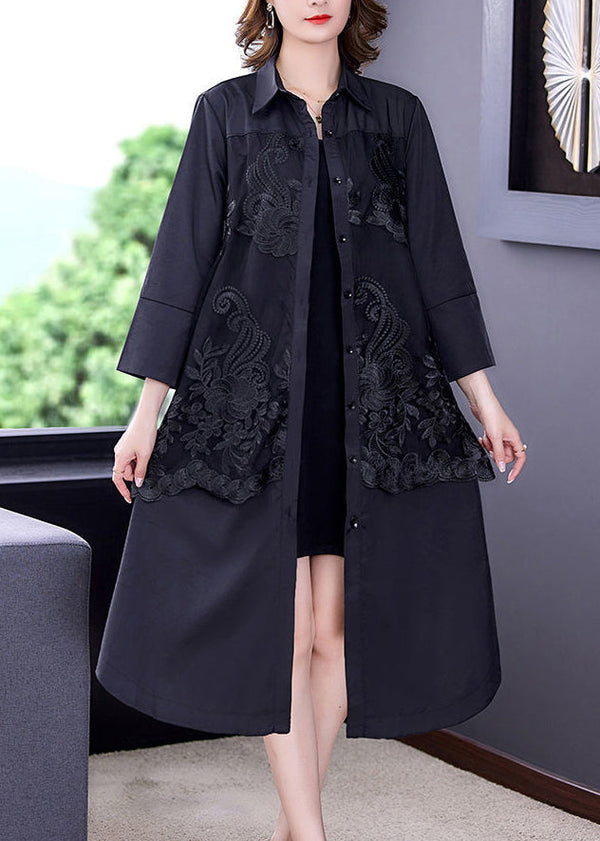 Black Patchwork Silk Trench Embroidered Tie Waist Bracelet Sleeve