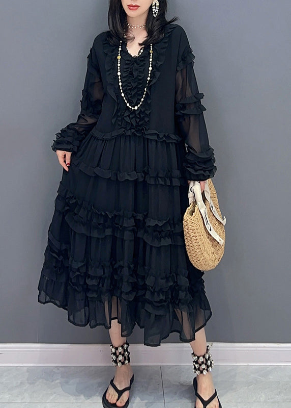 Black Patchwork Solid Holiday Chiffon Maxi Dress Long Sleeve