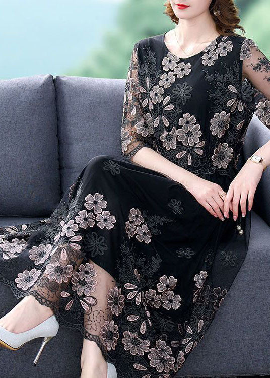 Black Patchwork Tulle Holiday Dress O-Neck Embroidered Half Sleeve