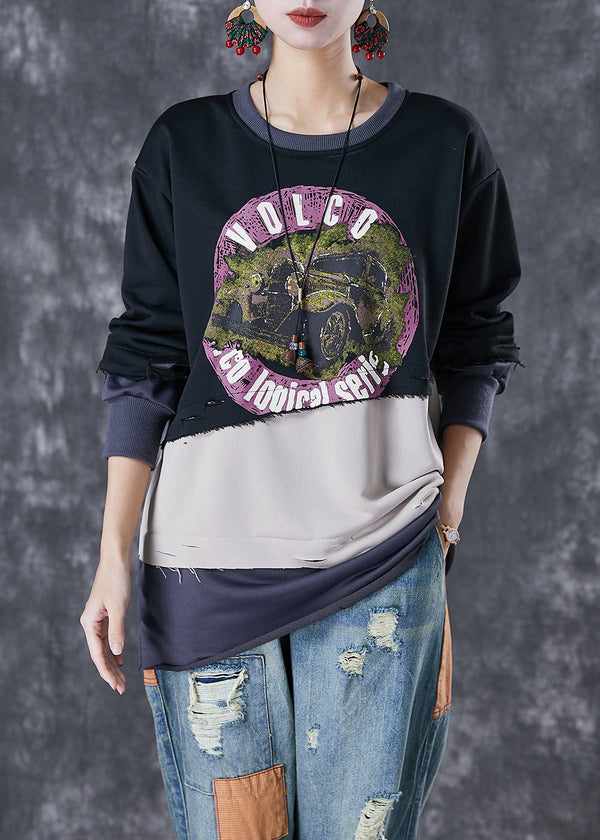 Black Patchwork Warm Fleece Ripped Pullover Sweatshirt Oversized Winter