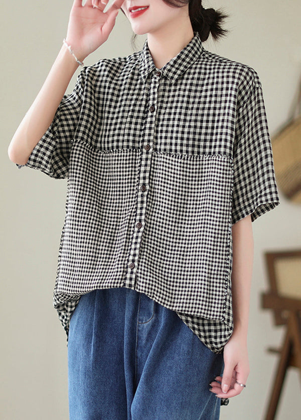 Black Plaid Patchwork Linen Blouse Top Oversized Summer