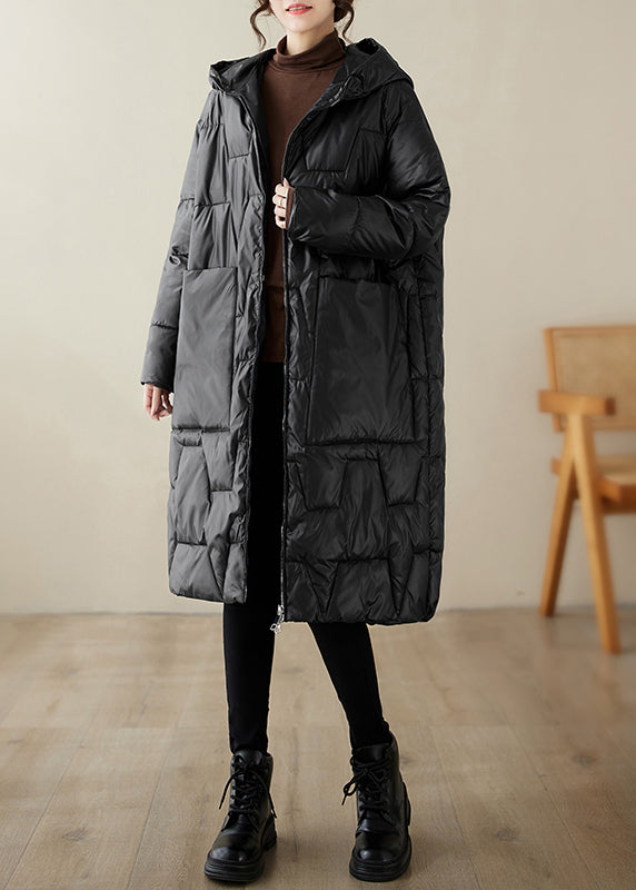 Black Pockets Fine Cotton Filled Coats Hooded Zippered Winter