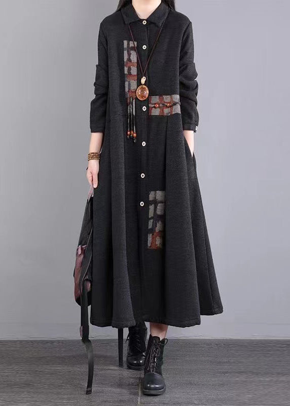 Black Pockets Patchwork Warm Fleece Dresses Peter Pan Collar Button Winter