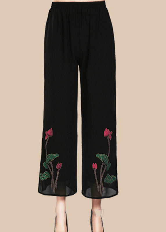 Black Pockets Print Elastic Waist Crop Pants Summer